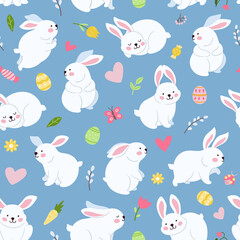 Spring rabbit seamless pattern. Easter toddler funny bunny, cartoon bunnies decorations. Cute animals, flowers, hearts and color eggs, neoteric vector background