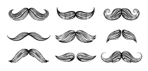Moustache vector set. Isolated mustache icons. Black cartoon beard hair moustache illustration. Vintage barber silhouette. Funny face old style sketch. Retro hipster gentleman. Black Fathers day art