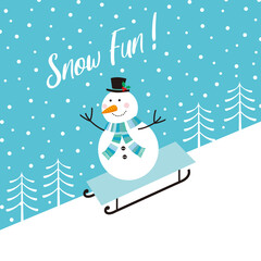 christmas card with snowman skiing and christmas tree