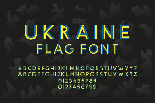 Ukraine Flag Hand Crafted Sans Serif Style Font Lettering - Blue Yellow Grotesque Caps and Numerals on Black Camouflage Style Background - Typography Graphic Design