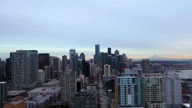 Aerial view lowering over Seattle's South Lake Union neighborhood.