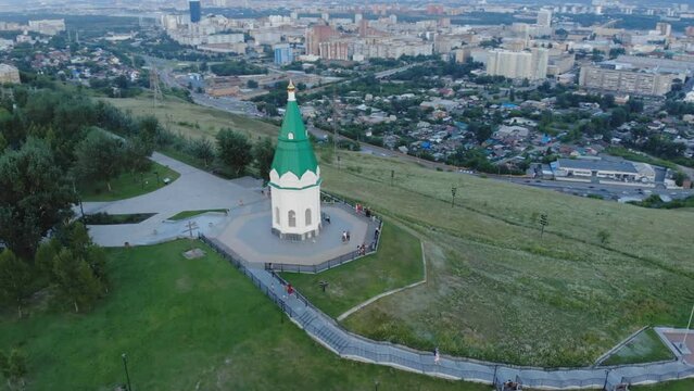 Chapel of Paraskeva Pyatnitsa at the Karaulnaya mountain in Krasnoyarsk. Aerial view.