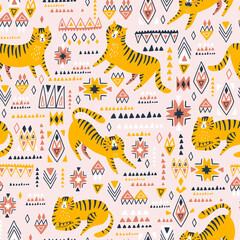 Funny tigers repeat print. Lying, walking and lasting. Vector seamless pattern design for kids. Isolated animals and geometrical shapes on the pink background.