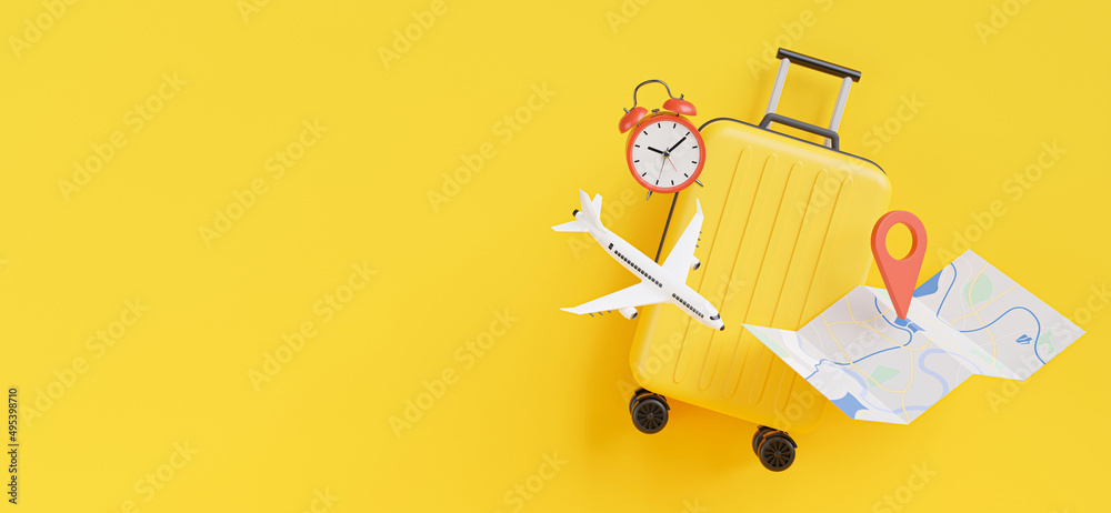 Wall mural 3d render of traveling suitcase with accessories and vacation travel concept