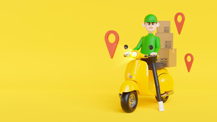 3d render of delivery man with yellow scooter and business concept of online delivery service.
