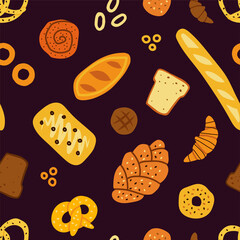 Seamless pattern of bread and bakery products on a dark background. Baked goods background. Hand drawn fresh bakery pattern. Vector illustration.