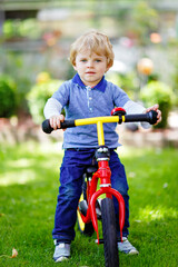 Fototapeta na wymiar Active blond kid boy in colorful clothes driving balance and learner's bike or bicycle in domestic garden. Toddler child dreaming and having fun on warm summer day. outdoors movement game for children