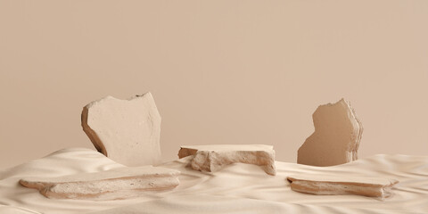 Rock podium on sand background for product presentation. Natural beauty pedestal, earth tone colour, relaxation concept, 3d illustration © fgnopporn