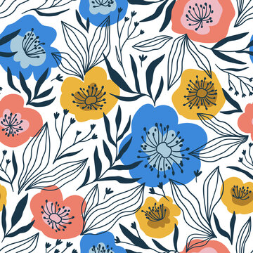 Trendy seamless floral ditsy pattern. Fabric design with simple flowers. Vector cute repeated pattern for fabric, wallpaper or wrap paper