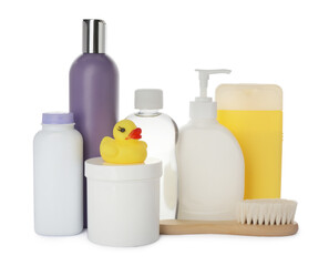 Set with different baby cosmetic products and dusting powder on white background