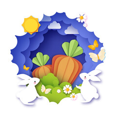 Happy Easter Rabbit with carrot. Cute white rabbits in paper cut style. Bunny, flowers and butterfly. Spring holidays in modern style. Easter Egg Hunt with egg hunt. Spring scene.