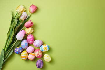 Fototapeta na wymiar Happy Easter day colorful eggs and flower on paper background with copy space