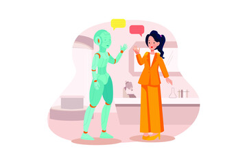Girl Talking With An Artificial Bot Illustration concept