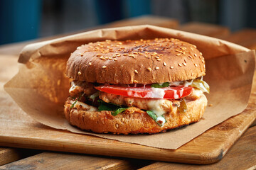 Juicy burger with vegetables in kraft paper on a wooden background