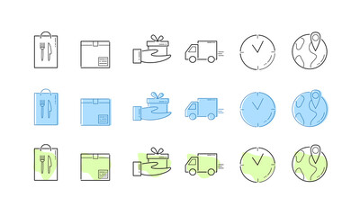A diverse collection of delivery icons in stroke
