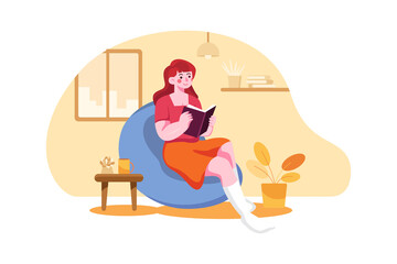 Girl Reading A Book At Home illustration concept