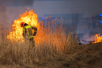 Firefighter Fighting with Burning Grassland
