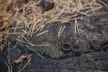 Golden sparkling glitter bokeh background with golden wedding rings and copy space. Shallow focus.