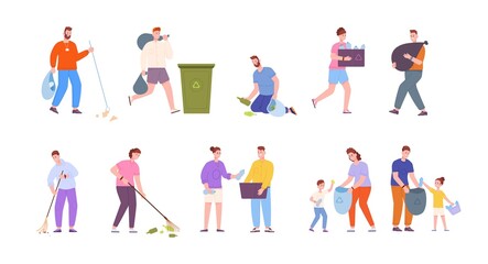 Fototapeta premium People clean up trash. Volunteer clean-up park garbage, voluntary family environmentalism, ecology recycle, collect litter waste dustbin bag, recycling environment