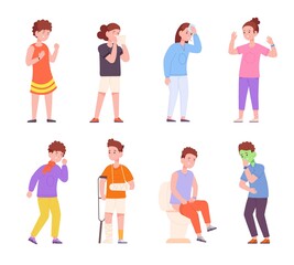 Fototapeta premium Unhealthy sick child. Kids sickness patient ill character, symptoms children cold diseases fever vomiting diarrhea coldness nausea kid boy ache cartoon splendid vector illustration