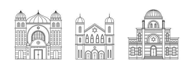 Vector set of synagogue illustrations. Religious architectural building. Outline