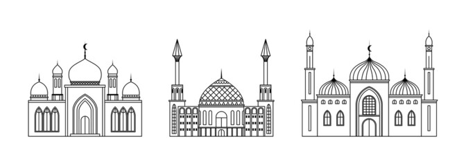 Vector set of illustrations of the mosque. Religious architectural building. Outline