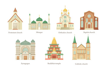Vector set of illustrations of churches of different religious denominations. Religious architectural building. - obrazy, fototapety, plakaty