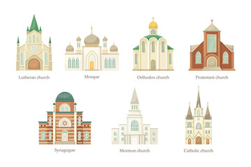 Vector set of illustrations of churches of different religious denominations. Religious architectural building.
