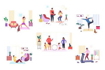 Family sports stretching. Diverse position of sport exercise home workout characters, fit couple doing casa gym wellness kid with father practicing yoga, garish vector illustration
