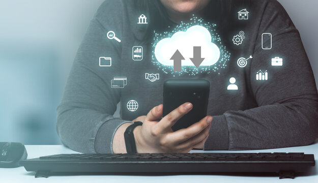 Woman using smartphone with cloud interface concept. Computing diagram. Internet of things. Data storage. Networking and internet service.