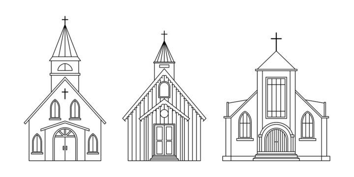 Vector set of illustrations of the Protestant Church. Religious architectural building. Outline