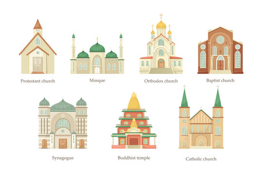 Vector set of illustrations of churches of different religious denominations. Religious architectural building.