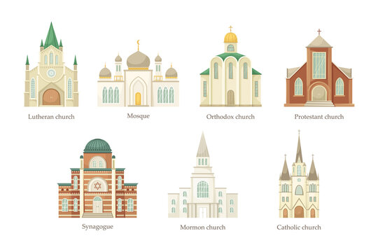 Vector set of illustrations of churches of different religious denominations. Religious architectural building.
