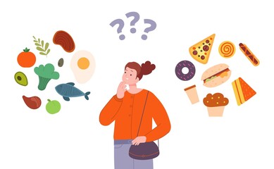 Choice balancing diet. Woman thinking choose healthy meal or bad fast food, organic vs unhealthy nutrition, good balance cholesterol and protein for weight, vector illustration