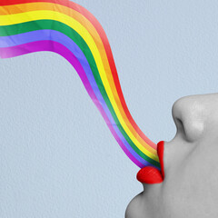 Conceptual image. Rainbow appearing from female lips symbolizing support of human rights