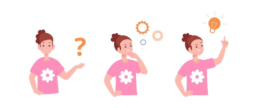 Confused child solution. Kid brainstorming innovation solution question, girl think idea, smart doubt children cartoon character vector illustration