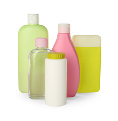 Set of baby cosmetic products on white background