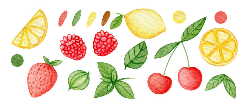 Watercolor fruit set of elements. Lemon, raspberry, strawberry, gooseberry, cherry and leaves of mint. Summer berries.