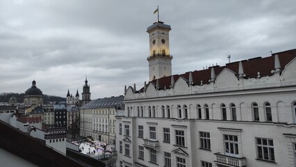 Obraz premium Panoramic view of the old city, ukraine, lviv, buildings, landmark. a photo