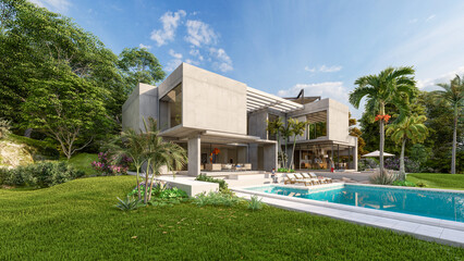 Luxurious brutalist home with pool and tropical garden