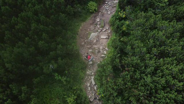 Beautiful hiking in Carpathian Mountain. Aerial View. Ukraine.