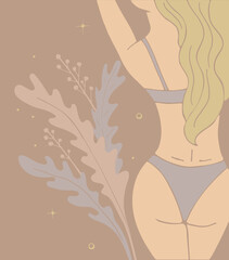 Obraz na płótnie Canvas Beautiful blonde girl with a sexy body with long hair in panties and bra. Sexy woman's body. Back view. Sensual portrait in pastel color on background with flower leaves. Vector illustration, flat.