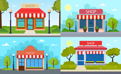 Set of vector shop buildings in cityscape. Exterior store facade illustration.