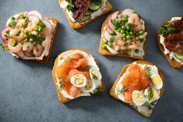 Assorted homemade open sandwiches or toasts