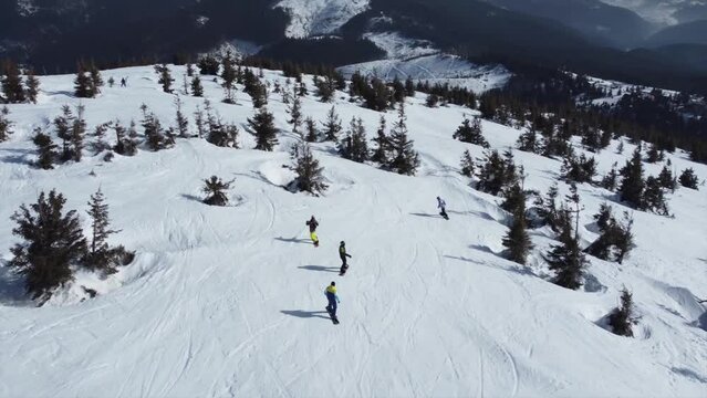 Snowboarding on the Mountains. Aerial View. Dragobrat. Carpatian.