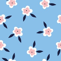 Fototapeta na wymiar Seamless vintage pattern. pink flowers , dark blue leaves . light blue background. vector texture. fashionable print for textiles, wallpaper and packaging.