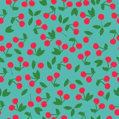 Simple abstract pattern. Red cherry berries. bright blue background. Vector texture. Elegant bright print for Wallpaper.