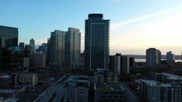 Rising aerial shot of condo complexes in Seattle, Washington.