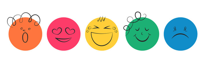 Abstract comic faces with various emotions. Hand drawn icon set vector illustration in drawing style