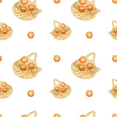 Watercolor seamless pattern design with oranges in the net bag. Creative for eco products, paper or clothes